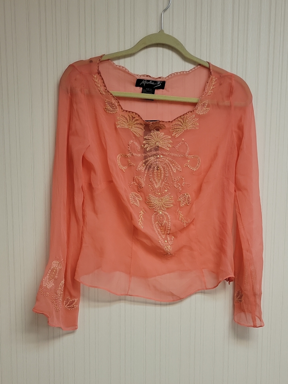 Martha B Coral Embroidered Beaded Sheer Silk Blouse Boho Fairy Hippie New
